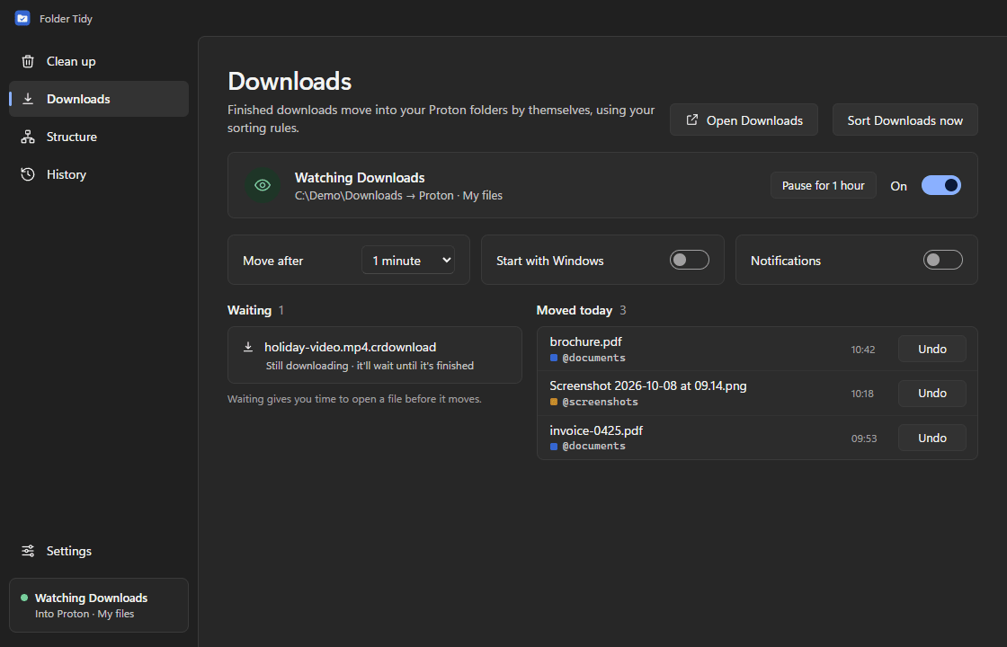Folder Tidy: Downloads, in dark mode